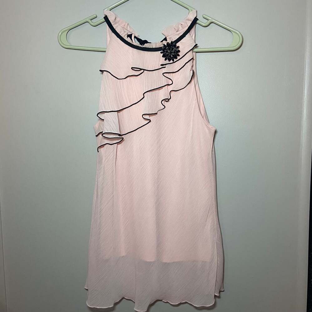 BCX Women's Pink Ruffle Neck Halter Blouse w/ Broach